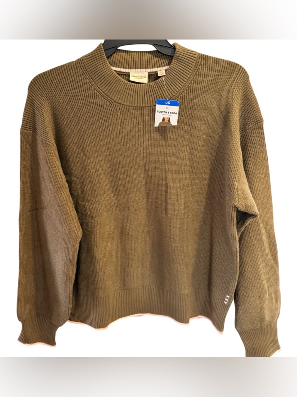 Scotch & Soda Olive Crewneck Ribbed Sweater. Pink trim. Women’s large